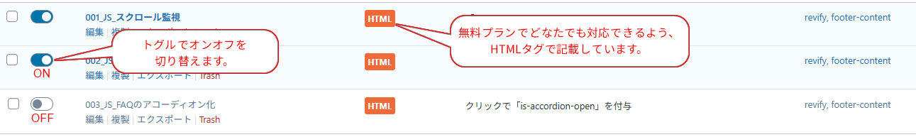 Code Snippetsプラグインで登録されたスニペット一覧が表示され、トグルスイッチで各スニペットの有効・無効を切り替えられる画面。