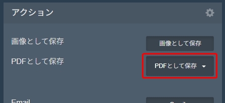 FireShotのアクションパネル。「PDFとして保存」ボタンが赤枠でハイライトされ、「画像として保存」と「Email」オプションも並んで表示されている