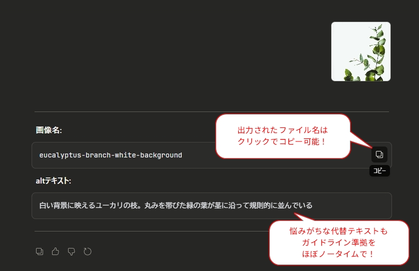 画像名とaltテキストを自動生成するWebツールのUI画面。ユーカリの枝の画像を例に、ファイル名とaltテキストの出力結果が表示されており、各フィールドにはコピーボタンが付いている。