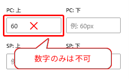 パディング入力の検証エラー表示。PC上のフィールドに「60」と数字のみが入力されている状態で、「数字のみは不可」というエラーメッセージが表示されている。